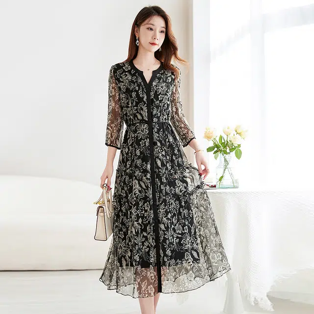 水墨佳人 印花时尚显瘦百搭舒适短袖连衣裙 女款 黑色