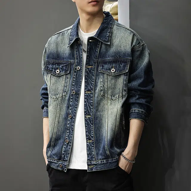 前进牛 秋季美式休闲复古潮牌拽酷风工装拉链口袋水洗做旧潮流高街嘻哈街头痞帅拼接宽松大码翻领牛仔外套 男款