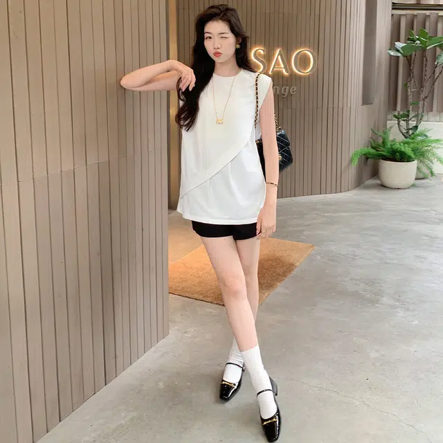 美洋 前后交叉分割设计圆领休闲无袖背心 女款 白色