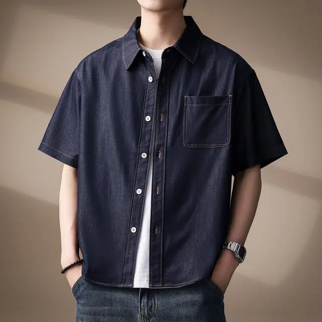 贵色 高端美式复古时尚潮流牛仔纯色简约口袋拼接新中式设计感休闲翻领单排扣短袖衬衫 男女同款