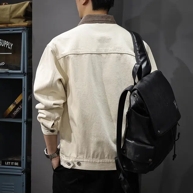 前进牛 美式经典撞色潮牌复古运动学院风翻领潮流雅痞轻奢高端工装重磅水洗纯棉上衣牛仔外套 男款