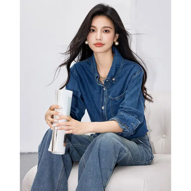 爱依莲 春秋季 时尚百搭高级经典复古长袖衬衫 女款 蓝色