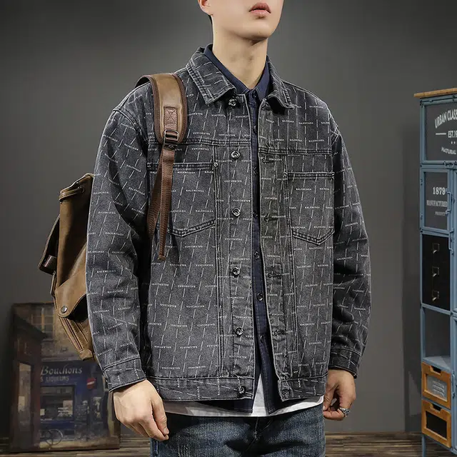 前进牛 秋季美式经典潮牌印花复古上衣宽松大码休闲小众设计感痞帅上衣牛仔外套 男款