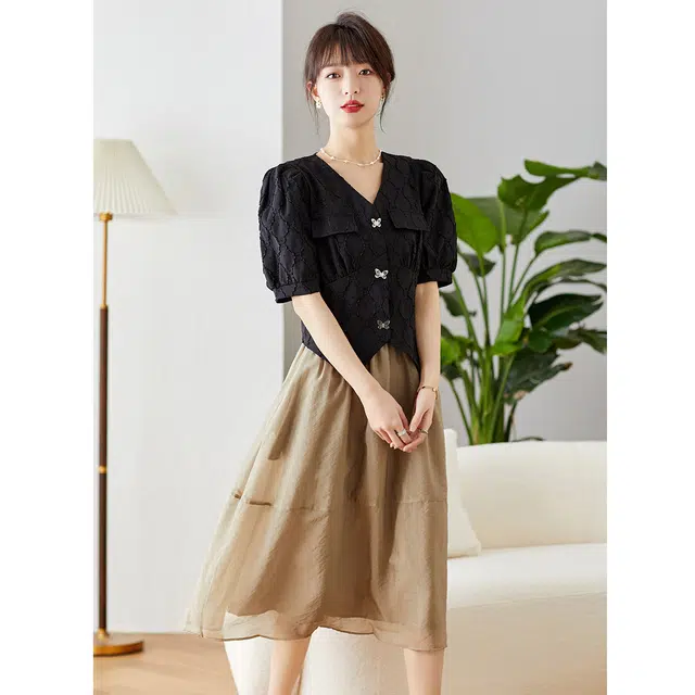 爱依莲 法式时尚复古连衣裙高级感赫本风气质显瘦百搭裙装套装 女款 黑色