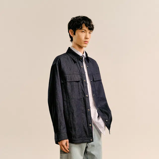 速写 宽松潮流休闲长袖衬衫 男 牛仔藏青