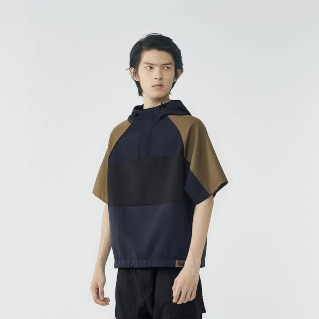 速写 拼接拼色连帽运动短袖卫衣 男女同款