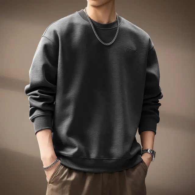 贵色 日系复古潮流百搭重磅圆领长袖潮牌纯色简约风刺绣设计感质感宽松日常出行上衣卫衣 男女同款