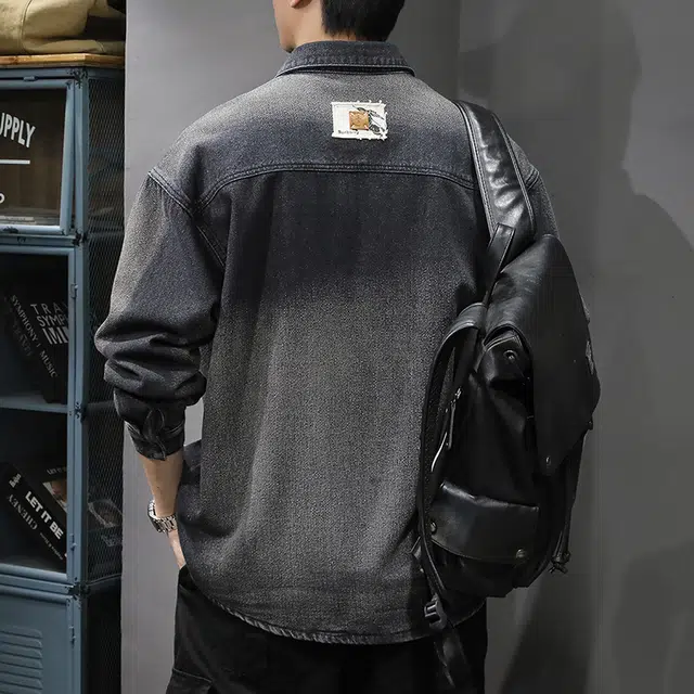 前进牛 美式复古潮牌渐变水洗外穿长袖衬衫男高级感痞帅翻领工装休闲衬衣夹克男牛仔外套 男款