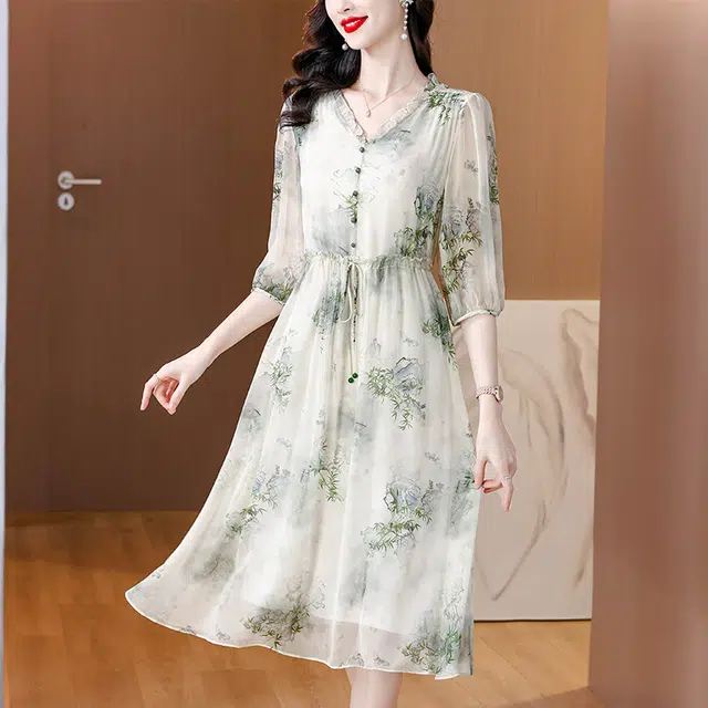 水中花 中年妈妈气质舒适简约优雅裙子短袖连衣裙 女款