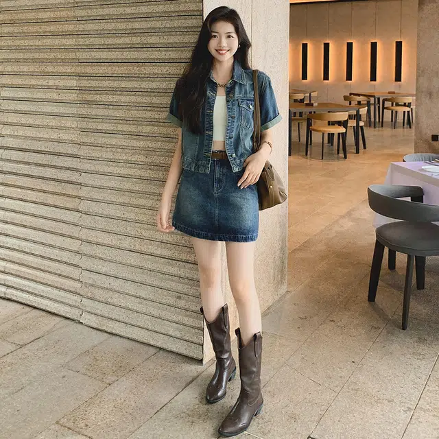 美洋 水洗高腰包臀牛仔短裙 女款 蓝色