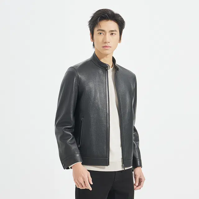 利郎 都市休闲纯色立领质感简约百搭秋季皮衣 男款
