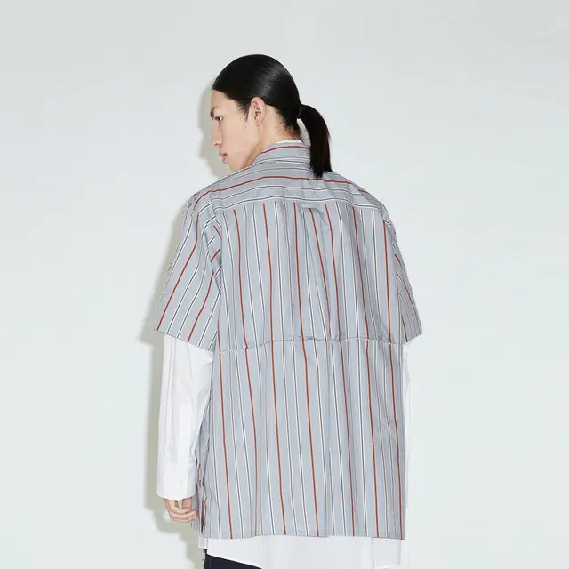 速写 工装条纹中长款翻领短袖衬衫 男女同款