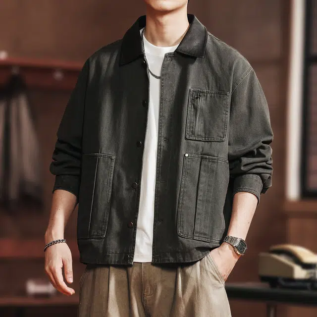 格蓝鹿 美式潮流复古阿美咔叽风工装多口袋宽松长袖潮牌痞帅休闲户外出行穿搭翻领上衣夹克外套 男款