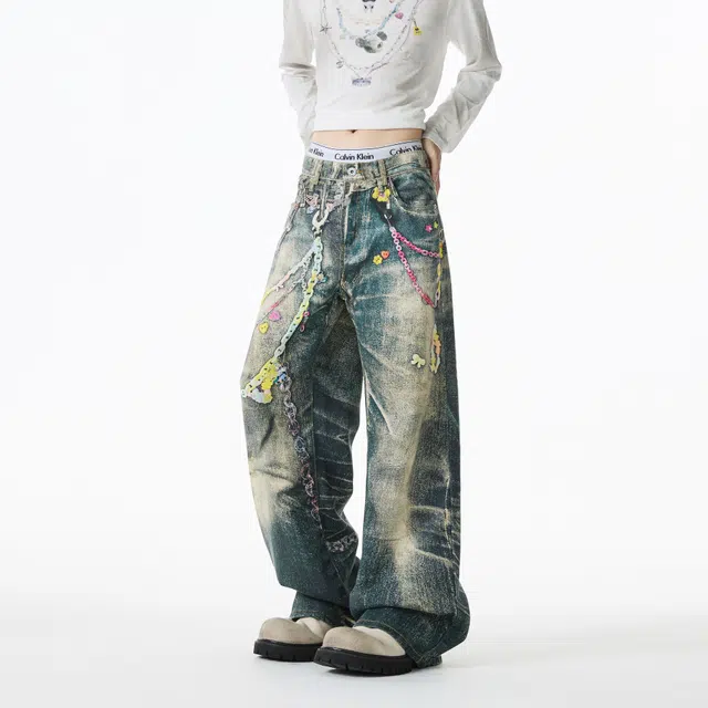 海尔斯 裤链美式小众时尚牛仔裤 男款