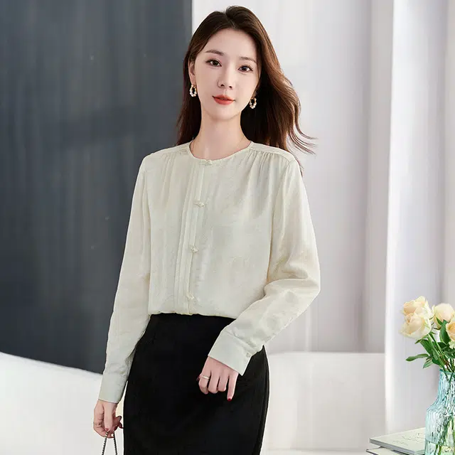 水墨佳人 桑波缎面长袖提花衬衫 女款 香槟米