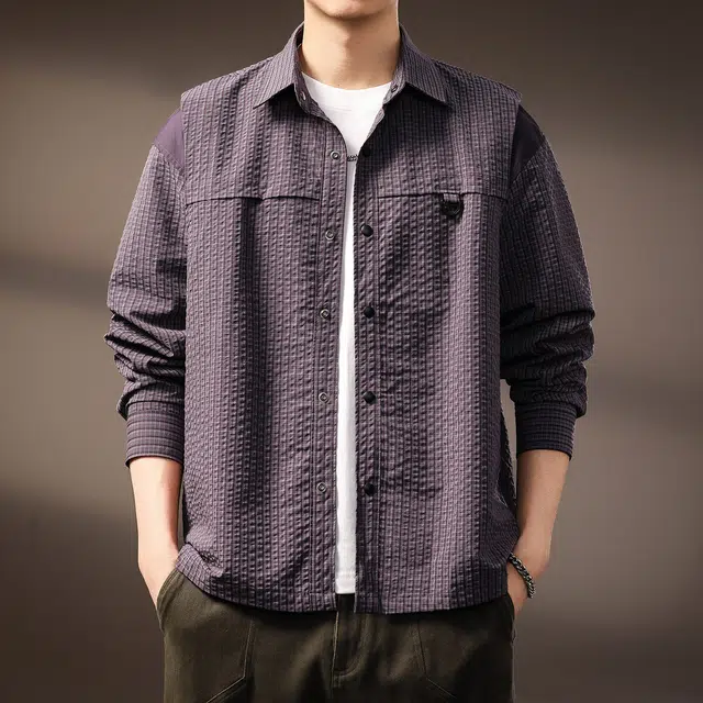 贵色 美式设计感撞色拼接格子长袖衬衫 男女同款