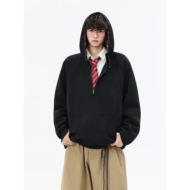 海尔斯 潮流百搭简约纯色连帽宽松落肩套头卫衣 男款