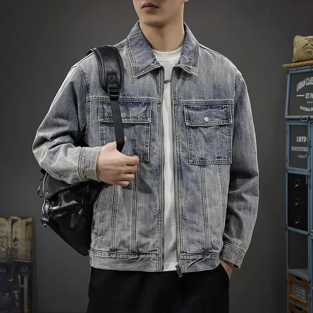 前进牛 美式休闲经典复古潮牌高街现代风翻领重磅竹节潮流高端水洗宽松大码多口袋工装牛仔外套 男款