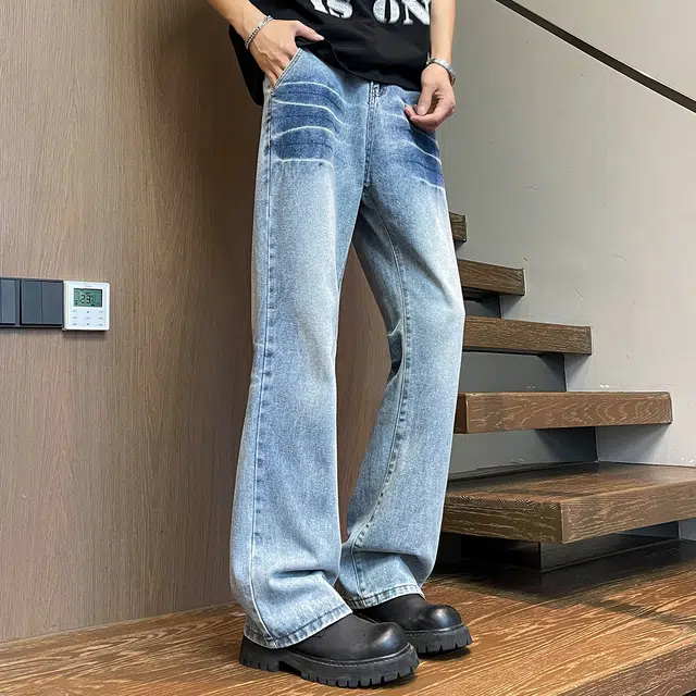 马员外 高街美式百搭水洗复古宽松微喇牛仔裤 男款
