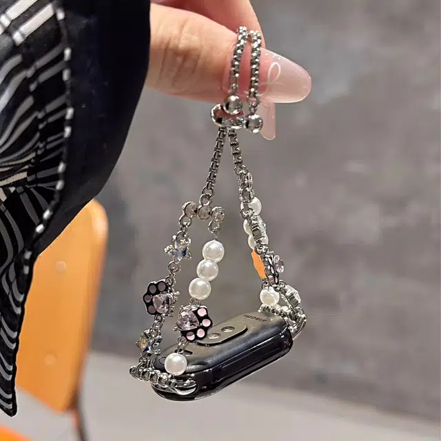 潮米勒 表带 小米红米适用 金属 串珠材质 可爱闪钻猫爪精致简约表链女男通用