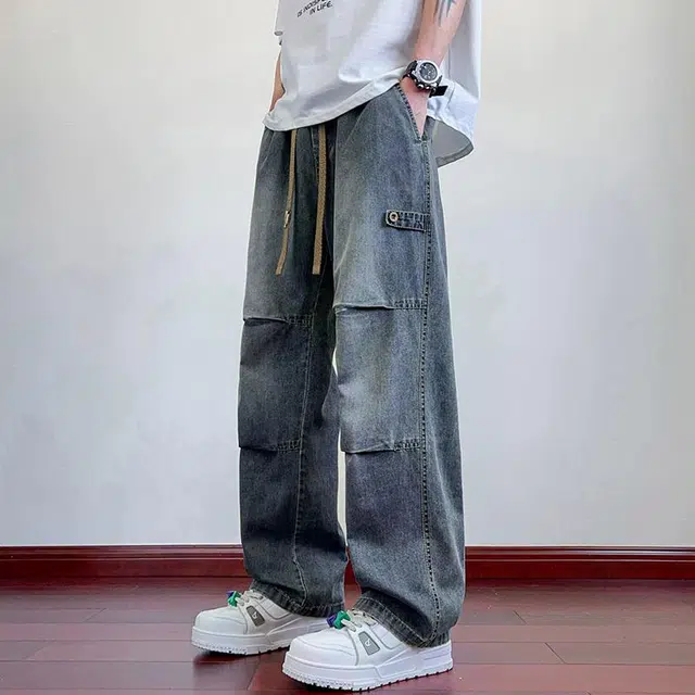 童先森 复古水洗褶皱宽松中腰长裤牛仔裤 男款
