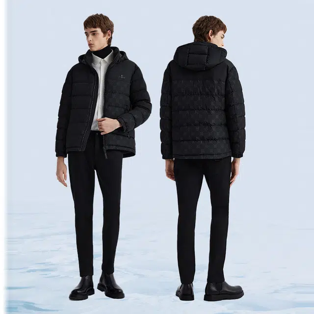 比音勒芬 静默复古老钱风穿搭舒适百搭时尚大气气质都市质感基础古菱形格冬季连帽短款羽绒服 男款