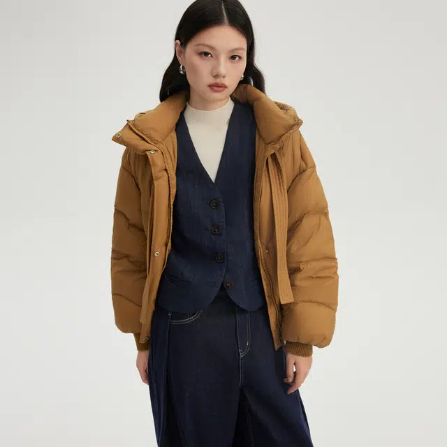 艾莱依 简约纯色休闲宽松短款拉链长袖羽绒服 女款