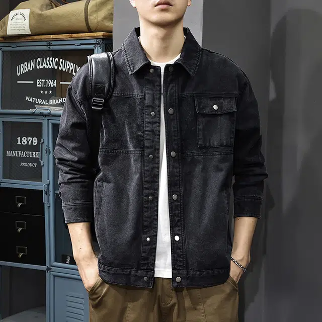 前进牛 秋季美式休闲经典复古潮牌军事风高街痞帅重磅水洗潮流百搭宽松翻领工装夹克牛仔外套 男款