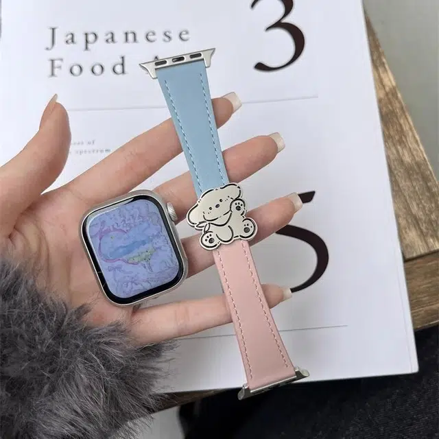 老佳 苹果适用 手表表带 牛皮材质 击掌小狗磁吸扣表带男女通用