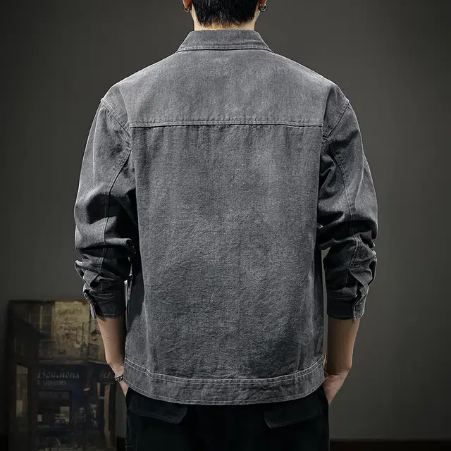 前进牛 美式经典复古潮牌高街痞帅耐磨拼接毛边潮流嘻哈街头纯棉洗褪印花做旧翻领工装牛仔外套 男款