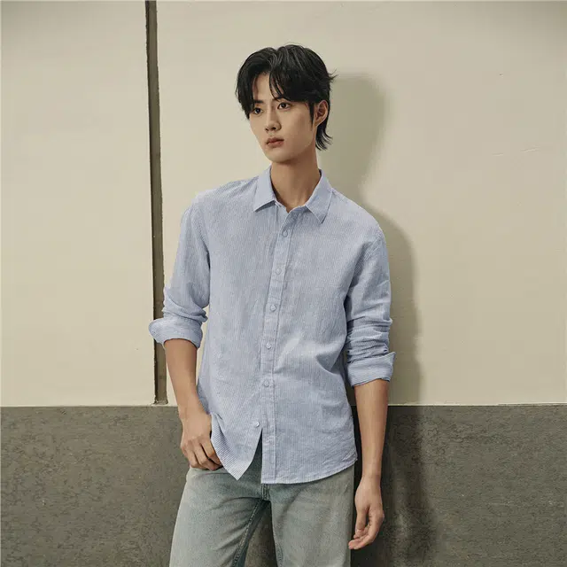 佐丹奴 韩国款天然麻棉梭织休闲长袖衬衫 男款