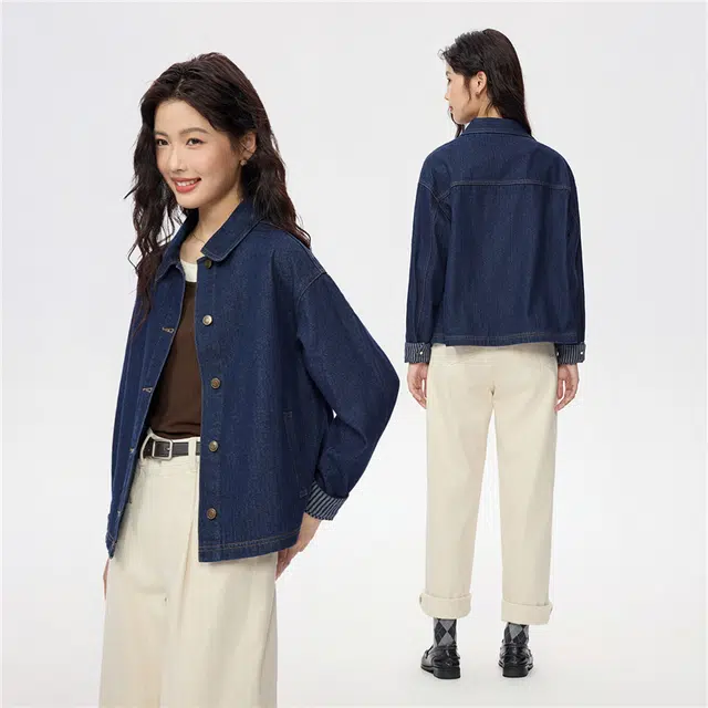 佐丹奴 随性时髦风水洗条纹内里翻领宽松牛仔外套 女款