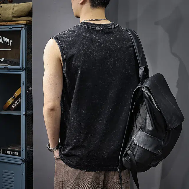 前进牛 美式潮牌雪花水洗印花运动痞帅高街宽松纯棉重磅无袖背心 男女同款