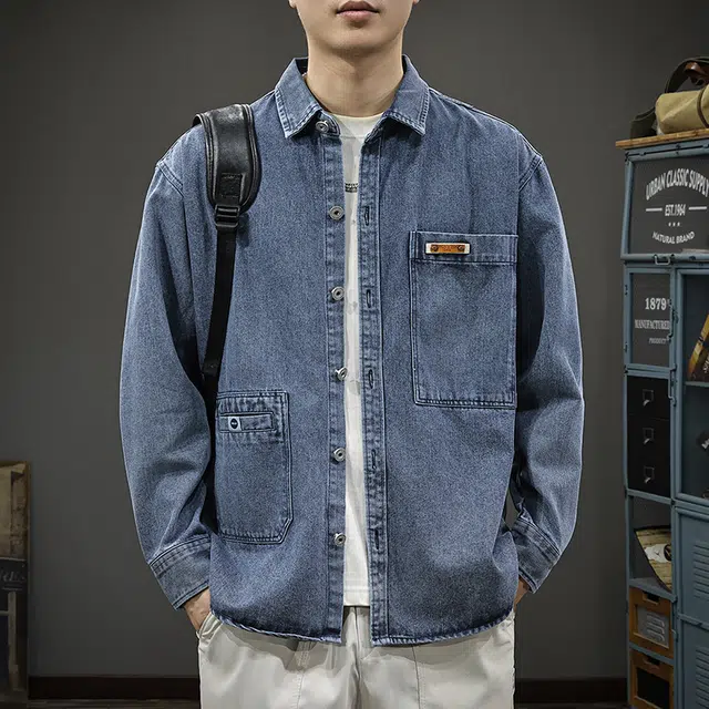 前进牛 秋季日系经典潮牌复古水洗外穿衬衫男潮流老钱风通勤翻领百搭宽松休闲上衣男牛仔外套 男款