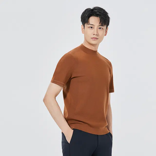 利郎 商务休闲纯色半高领质感简约修身短袖秋季毛衣 男款