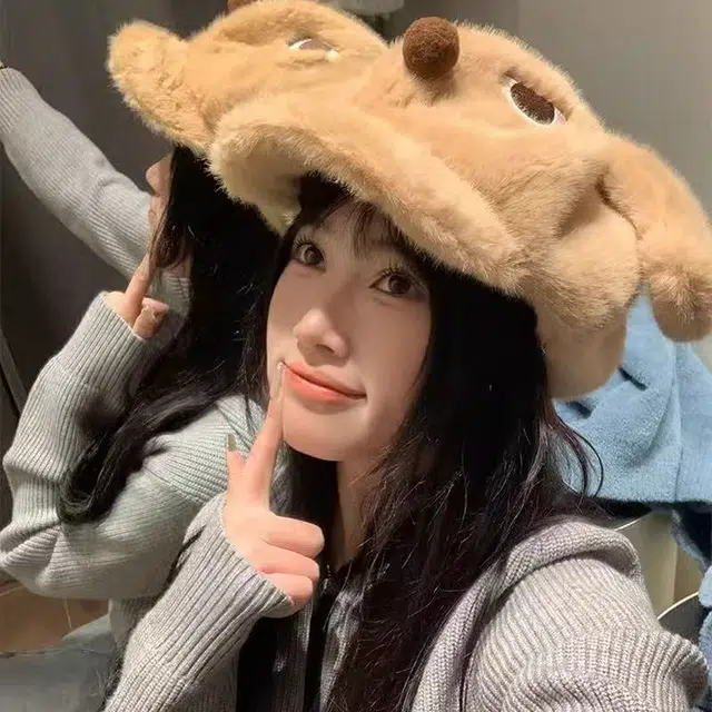 恩僾德 愤怒小狗毛绒耳朵可爱卡通秋冬季小众高颜值显脸小学生毛茸茸保暖大版棒球帽 腈纶 鸭舌帽 男女同款情侣款