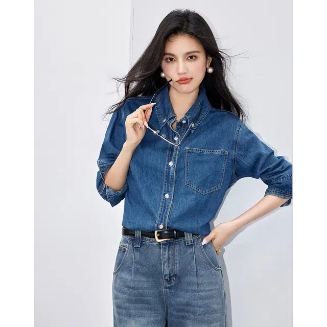 爱依莲 春秋季 时尚百搭高级经典复古长袖衬衫 女款 蓝色