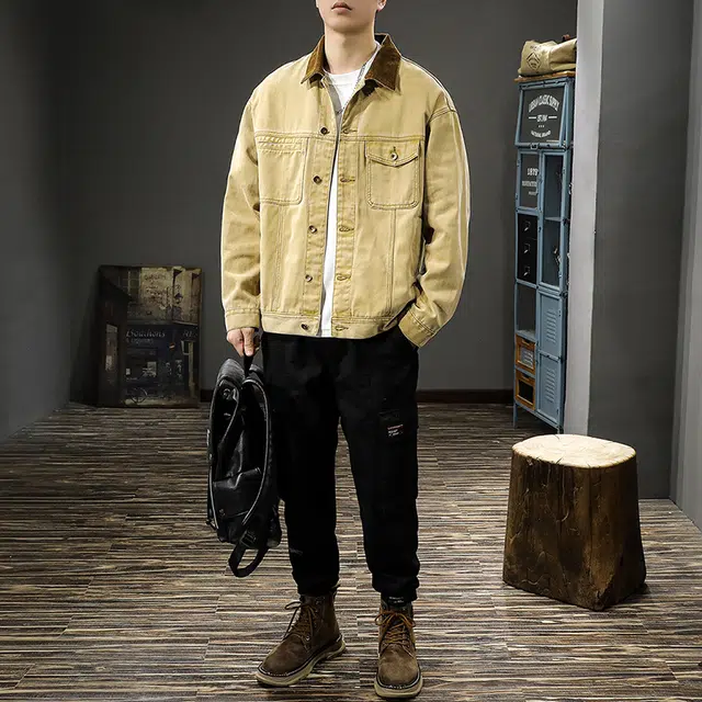 前进牛 美式复古重磅底特律纯棉废土风水洗工装夹克男潮流硬汉高级感灯芯绒领子潮牌休闲男牛仔外套 男款