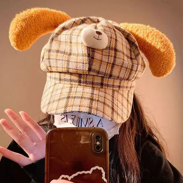 恩僾德 黄油小狗毛绒耳朵格纹八角帽女生秋冬季小众高颜值百搭可爱保暖显脸小日系报童帽 涤纶 鸭舌帽 男女同款情侣款