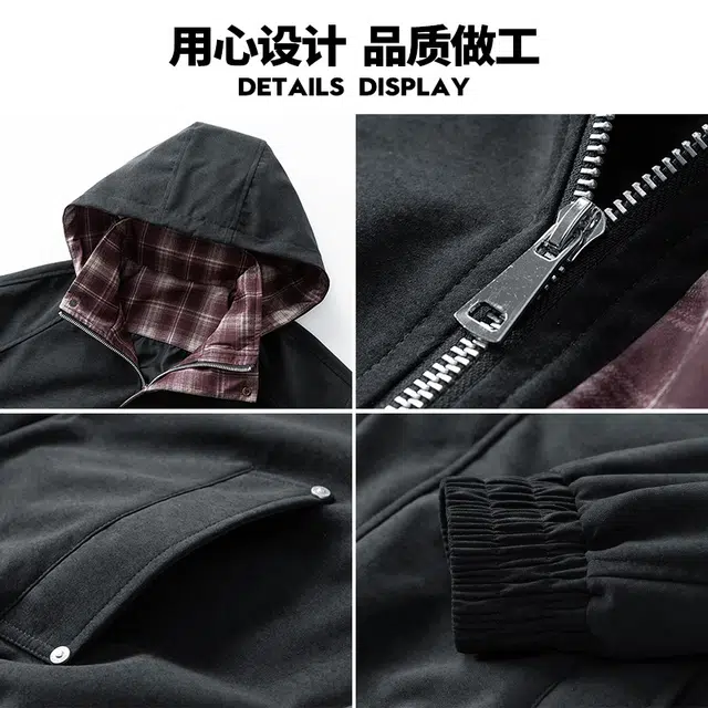 金盾 秋季麂皮绒美式复古格纹连帽假两件夹克外套 男款