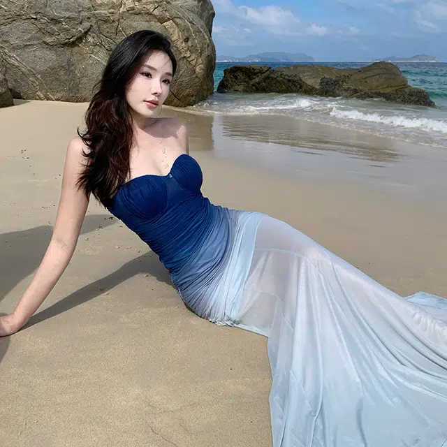 水中花 纯欲风抹胸网纱裙子气质包臀长裙无袖连衣裙 女款