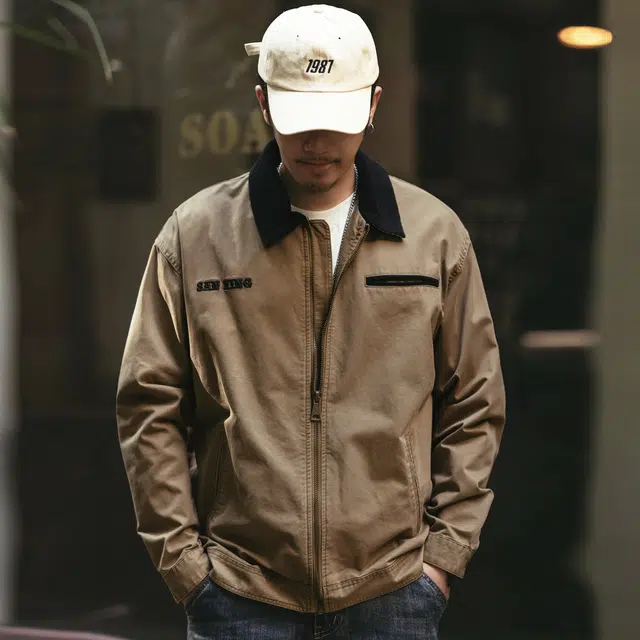 格蓝鹿 春季 休闲复古个性百搭时尚翻领合身适中常规耐磨落肩拉链长袖夹克外套 男女同款 卡其