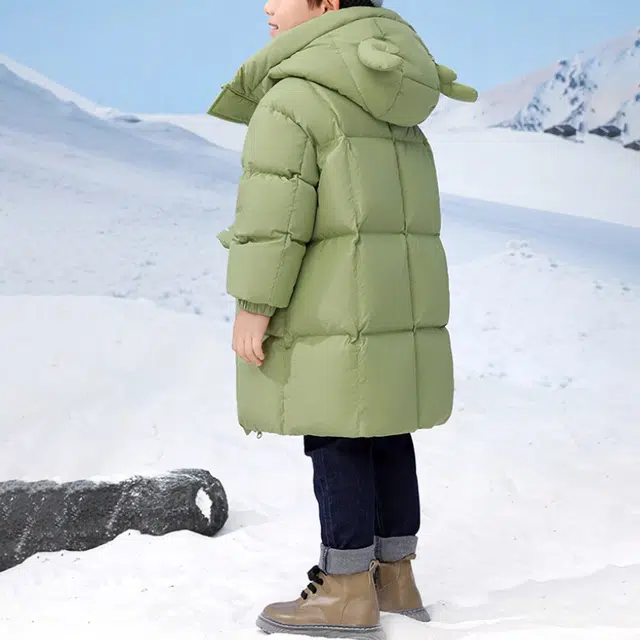 鸭鸭 防风保暖宽松中长款连帽加厚鸭绒羽绒服 中小童