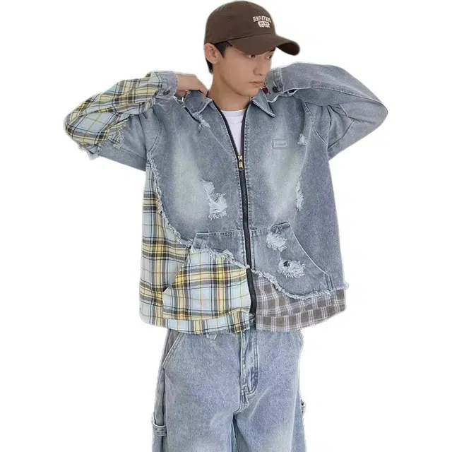 悍戈 美式复古宽松多元素拼接格纹服饰牛仔外套夹克 男女同款