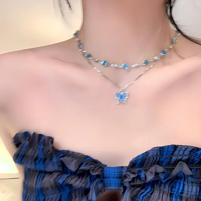 尚先生 清凉蓝色蝴蝶双层叠戴锁骨链 轻奢镶锆小众设计 日常通勤休闲尽显优雅高级感#好运 合金 项链 女款