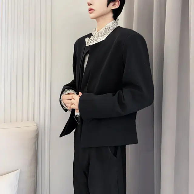 冈哉 美式高街潮男潮短款无领百搭假两件装饰领垫肩手工重工宽松休闲西服春秋季纽扣舒适通勤西装  男女同款