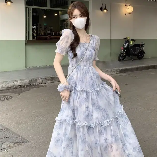 古莲菲 温柔风小清新海边度假沙滩裙碎花显瘦短袖连衣裙 女款 蓝色