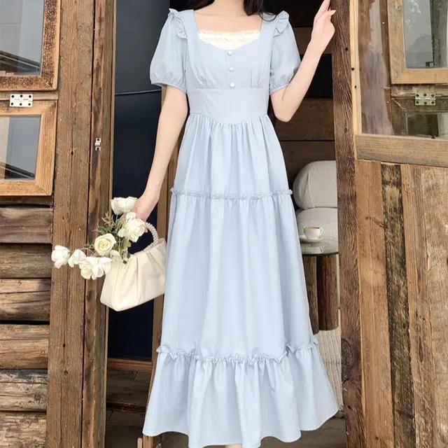 古莲菲 高级感气质拼接小清新温柔风初恋裙短袖连衣裙 女款 蓝色