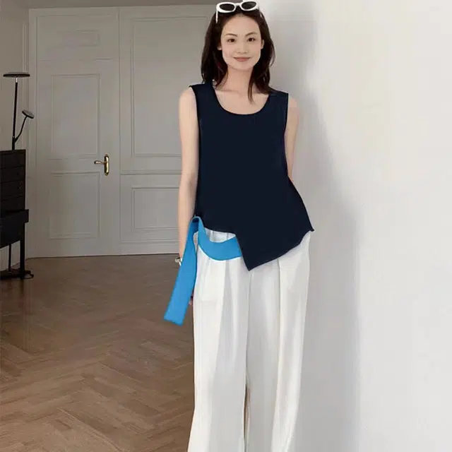 美洋 纯色不规则圆领吊带背心 女款 藏青色