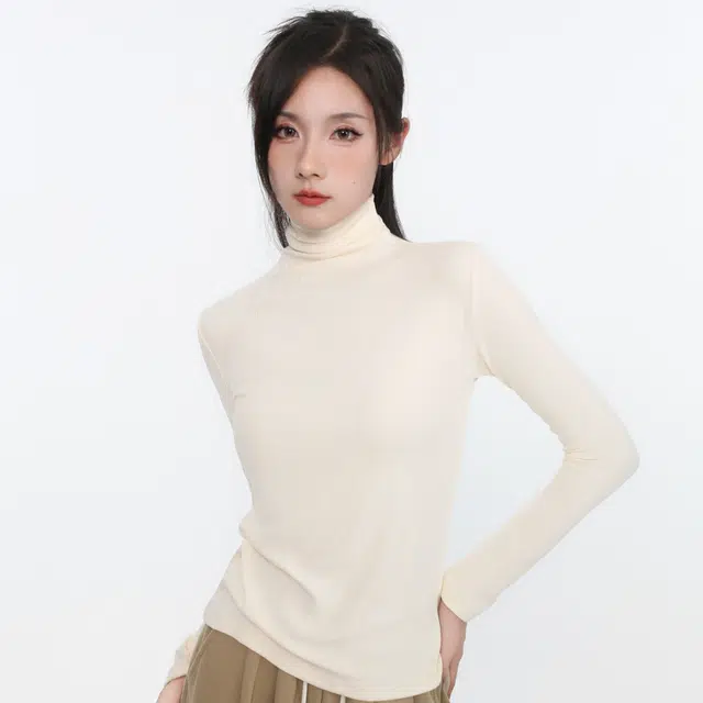 御茶家 纯色基础款堆堆领高弹立修身可外穿打底针织衫 女款 美拉德